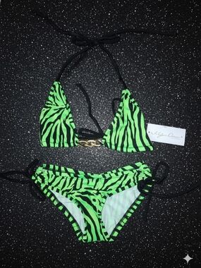 Neon Green Zebra Print Triangle Bikini with Gold Chain Accent